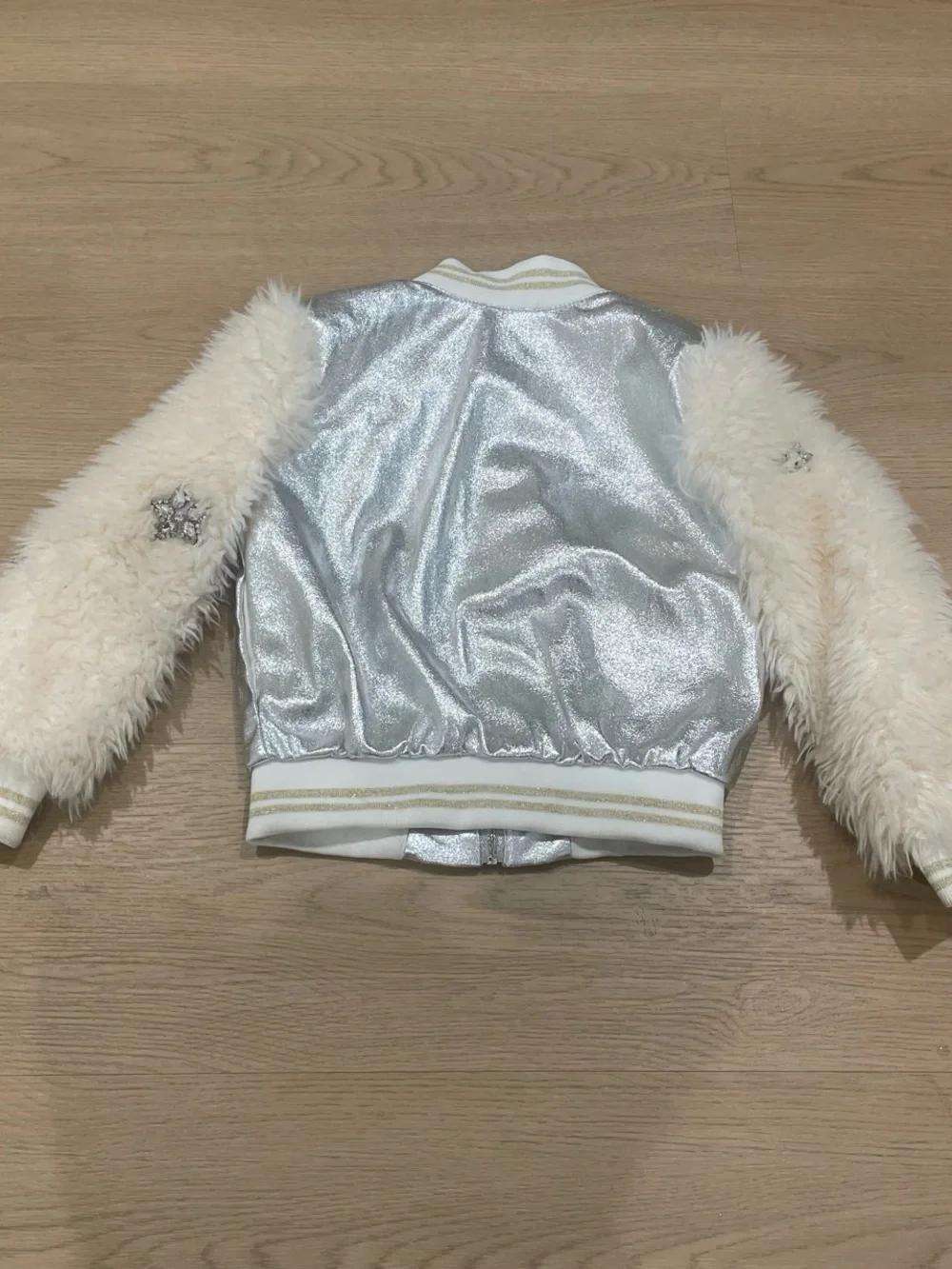 Hannah Banana Silver Metallic Bomber Jacket with Cream Trim